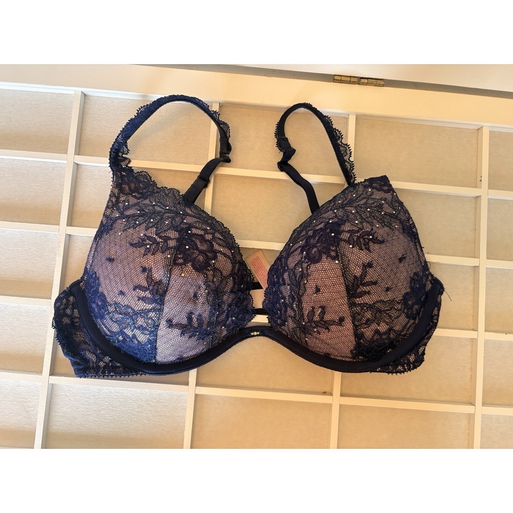 Victoria's Secret Navy Blue Lace Rhinestone Push-Up Bra 34C Pink Lining